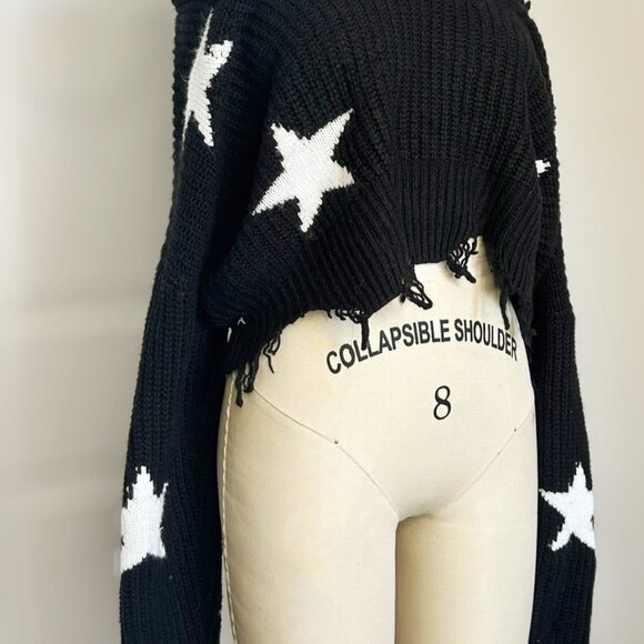 Oversized Cropped Black Sweater with White Stars, Just Polly Womens Size Medium - Picture 7 of 14